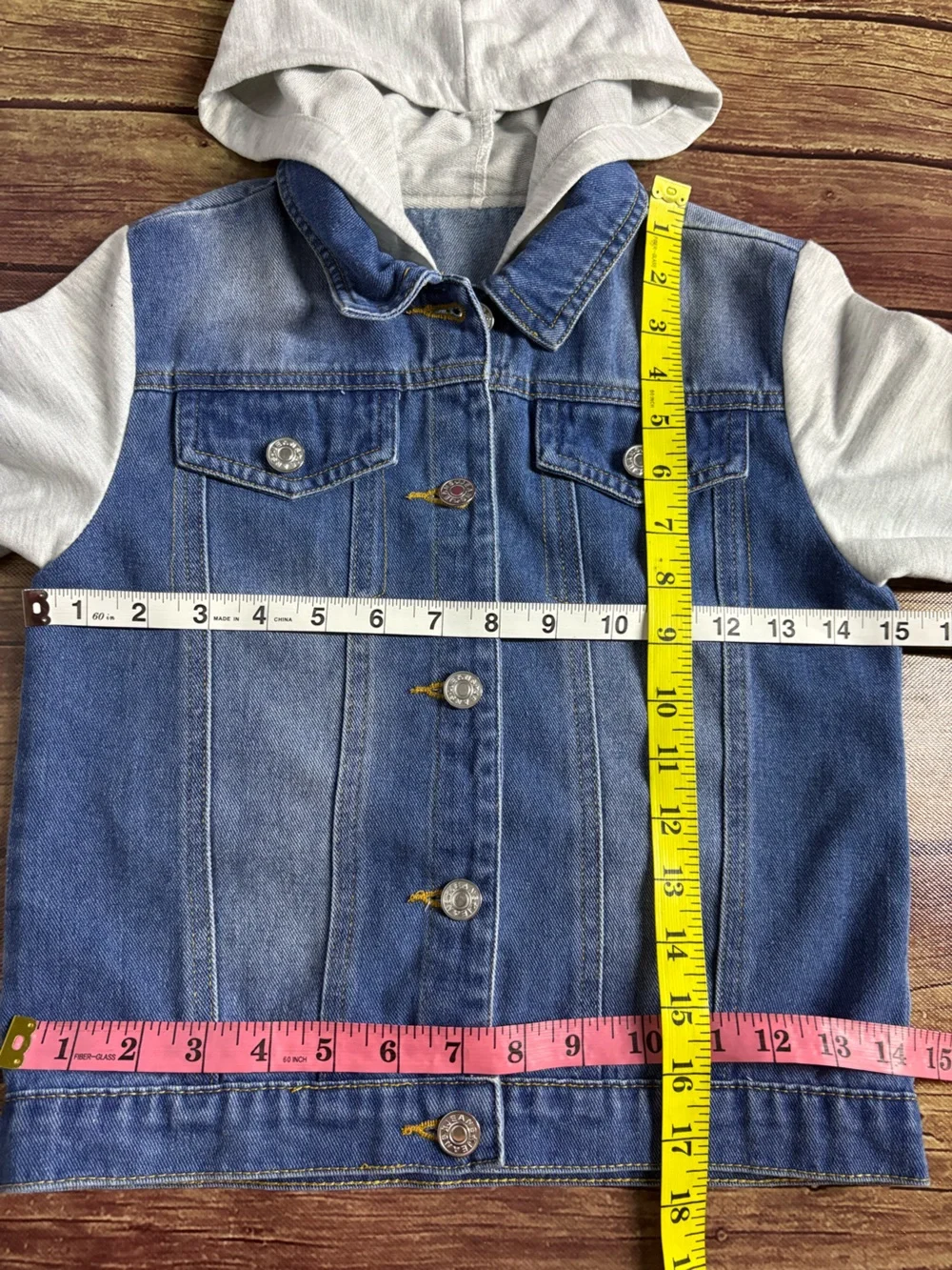 Boy's Blue Denim Jacket with Gray Hoodie Sleeves Size 7Y